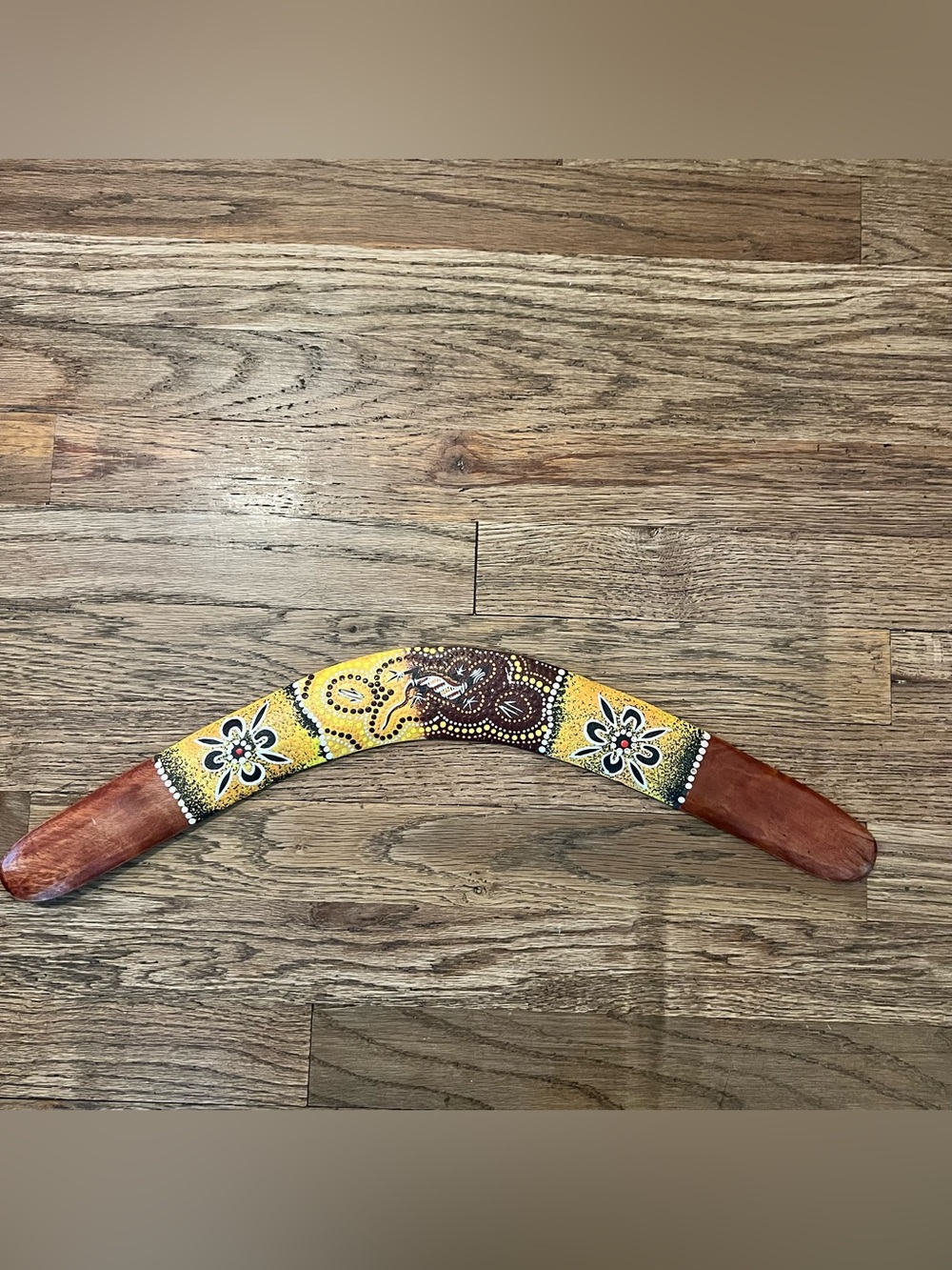Hand-Painted Yellow & Brown Decorative Boomerang Raised Dots Aboriginal Flowers